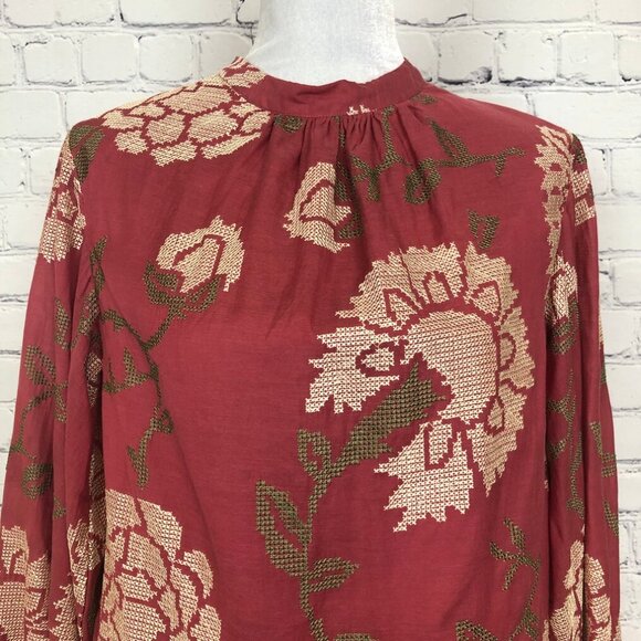 Anthropologie Payal Pratap Red Cross Stitch Embroidered Blouse Size 4 - Picture 5 of 9